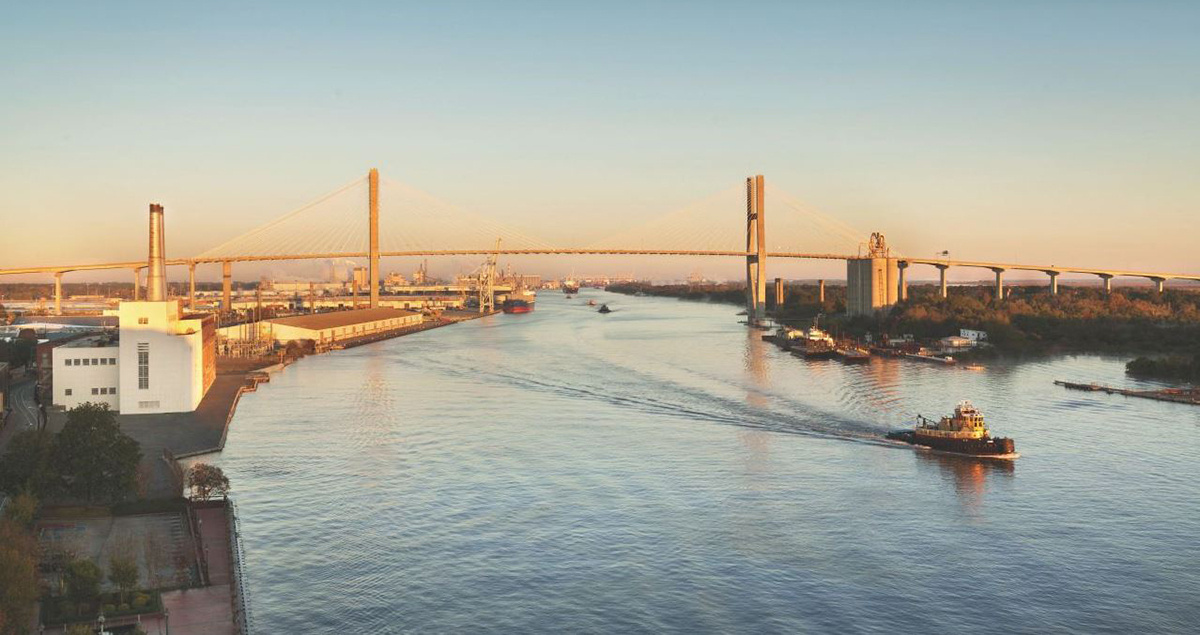 photo of downtown Savannah, bridge over river